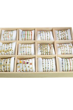 3633-11 Lot de 63 bracelets dorés en acier inoxydable avec présentoir en bois-MULTICOULEUR