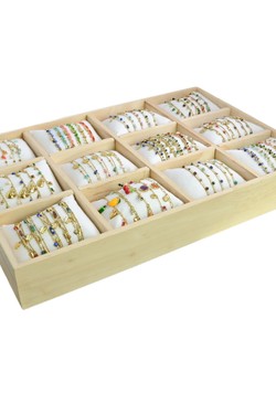 3633-11 Lot de 63 bracelets dorés en acier inoxydable avec présentoir en bois-MULTICOULEUR