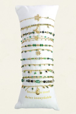 309-4 Lot de 12 bracelets en acier inoxydable doré – pierres & autres matériaux-VERT FONCÉ