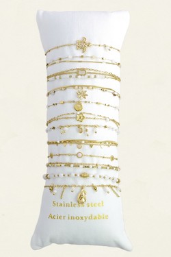 309-9 Lot de 12 bracelets en acier inoxydable doré – pierres & autres matériaux-BLANC