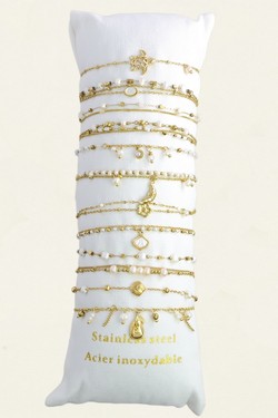 309-10Lot de 12 bracelets en acier inoxydable doré – perles d’eau douce & autres matériaux-BLANC