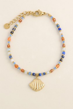 A0894B-N Parure dorée en acier inoxydable, pierres facettées, perles de rocaille et pendentif coquillage-MULTICOULEUR