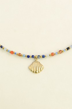A0894B-N Parure dorée en acier inoxydable, pierres facettées, perles de rocaille et pendentif coquillage-MULTICOULEUR
