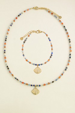 A0894N-Collier doré en acier inoxydable, pierres facettées, perles de rocaille et pendentif coquillage-MULTICOULEUR