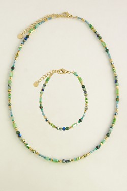 A0898B-N Parure dorée en acier inoxydable, pierres facettées et perles de rocaille-VERT FONCÉ