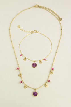 A0923B-N Parure dorée en acier inoxydable avec pendentif fruit émaillé-FUCHSIA