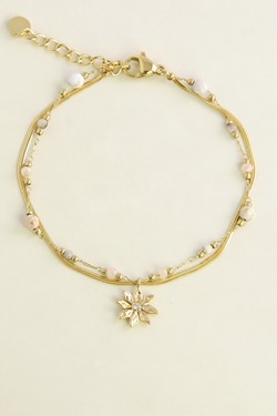 A0858B-Bracelet doré en acier inoxydable, pierres , perles en pâtes de verre et pendentif fleur-VERT FONCÉ