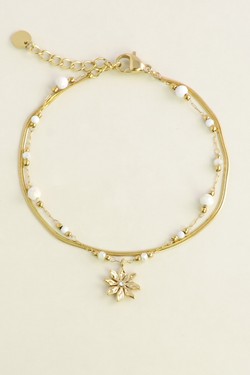 A0858B-Bracelet doré en acier inoxydable, pierres , perles en pâtes de verre et pendentif fleur-VERT FONCÉ