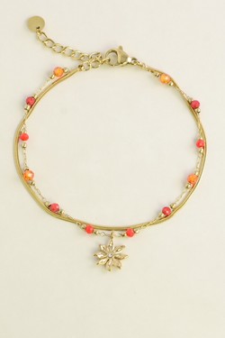 A0858B-Bracelet doré en acier inoxydable, pierres , perles en pâtes de verre et pendentif fleur-VERT FONCÉ