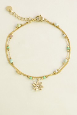 A0858B-Bracelet doré en acier inoxydable, pierres , perles en pâtes de verre et pendentif fleur-VERT FONCÉ