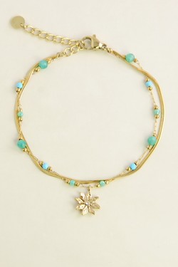 A0858B-Bracelet doré en acier inoxydable, pierres , perles en pâtes de verre et pendentif fleur-VERT FONCÉ