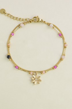 A0858B-Bracelet doré en acier inoxydable, pierres , perles en pâtes de verre et pendentif fleur-VERT FONCÉ