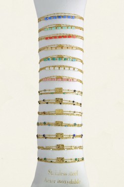 3636-11 Lot de 14 bracelets 3 rangs dorés en acier inoxydable avec pierres et autres matériaux-MULTICOULEUR