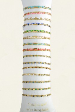 3638-11 Lot de 15 bracelets dorés en acier inoxydable avec perles en pâtes de verre-MULTICOULEUR