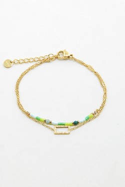 A0866B-Bracelet 2 rangs doré en acier inoxydable avec pierres et perles de rocaille-VERT