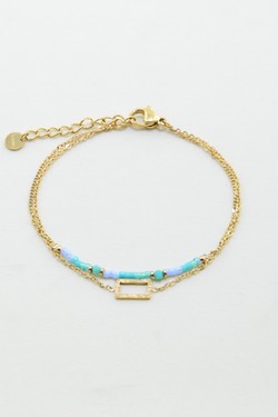 A0866B-Bracelet 2 rangs doré en acier inoxydable avec pierres et perles de rocaille-VERT