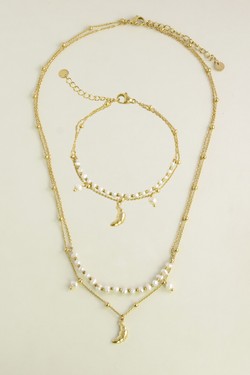 A0939B-N-10 Parure dorée en acier inoxydable, perles d’eau douce et pendentif croissant de lune-BLANC