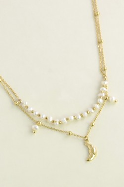 A0939N-10 Collier doré en acier inoxydable, perles d’eau douce et pendentif croissant de lune-BLANC