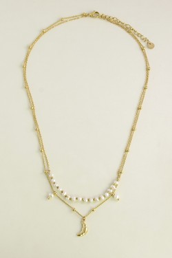 A0939N-10 Collier doré en acier inoxydable, perles d’eau douce et pendentif croissant de lune-BLANC