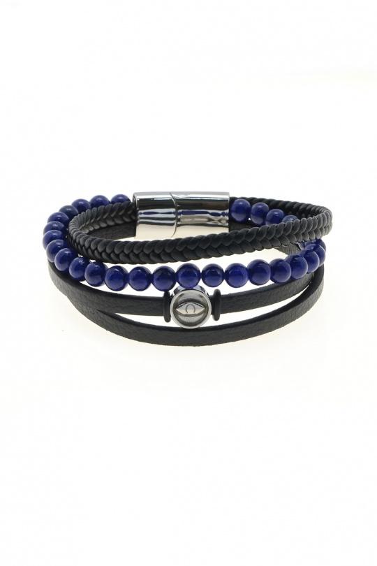 3305-BRACELET HOMME 4 RANGS – ACIER INOXYDABLE, CUIR ET PIERRE-BLEU FONCÉ