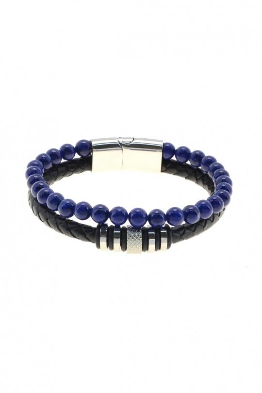 3306-BRACELET 2 RANGS POUR HOMME EN ACIER INOXYDABLE, PIERRES ET CUIR TRESSÉ.-BLEU FONCÉ