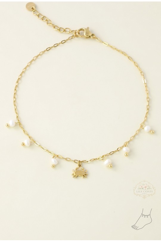 A0928A-10 Bracelet de cheville en acier inoxydable – perles d’eau douce & pendentif crabe-BLANC