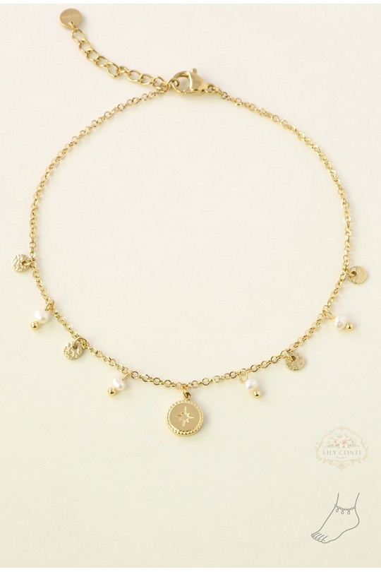 A0924A-10 Bracelet de cheville avec perles d'eau douce  et pampilles – acier inoxydable doré-BLANC