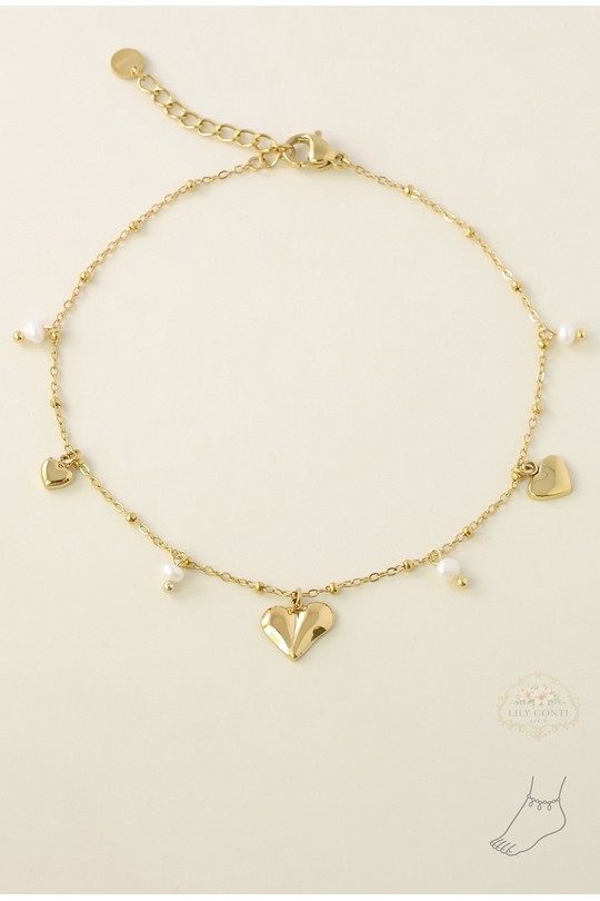 A0927A-10 Bracelet de cheville en acier inoxydable doré, orné de cœurs et de perles d’eau douce-BLANC