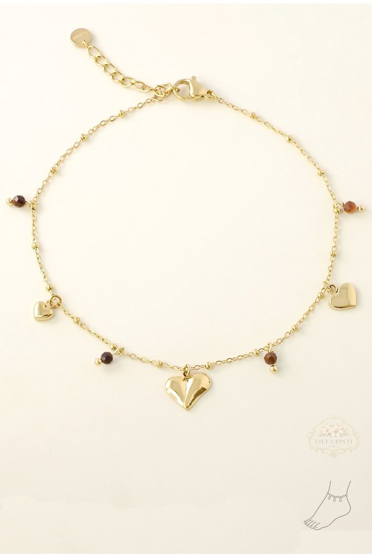 A0927A-Bracelet de cheville en acier inoxydable doré, orné de cœurs et de pierres-MARRON