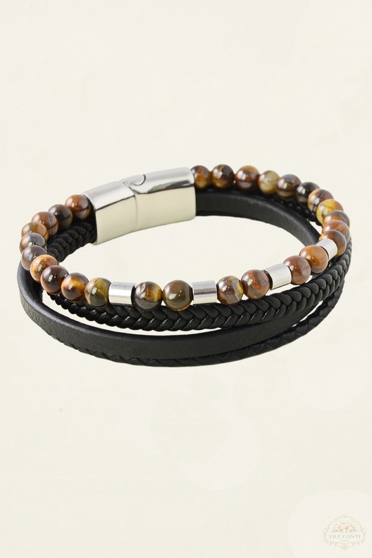 3312-Bracelet 4 rangs en acier inoxydable et cuir avec pierres-MARRON