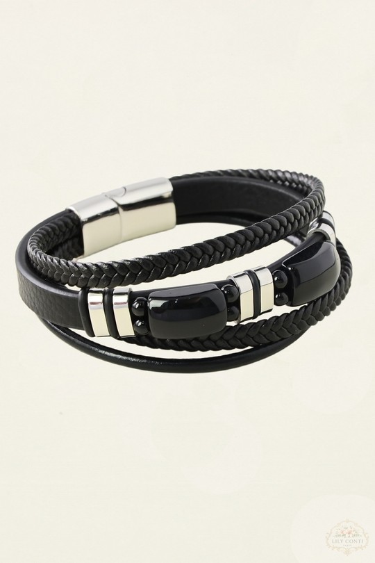 3313-Bracelet 4 rangs en acier inoxydable et cuir avec pierres-NOIR