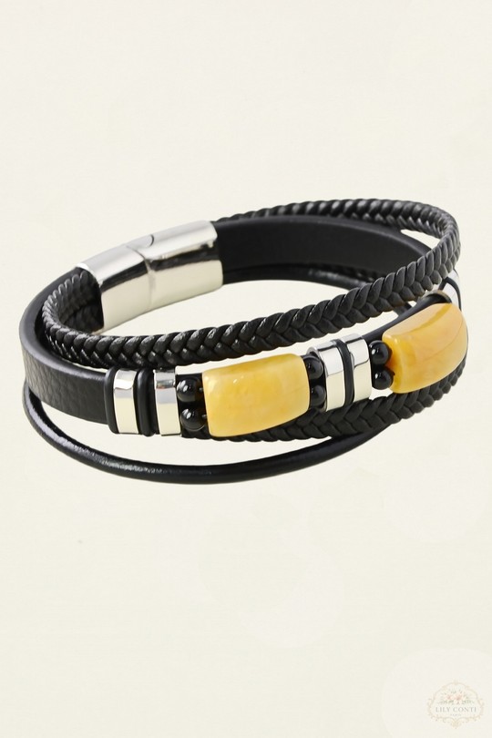 3313-Bracelet 4 rangs en acier inoxydable et cuir avec pierres-BEIGE