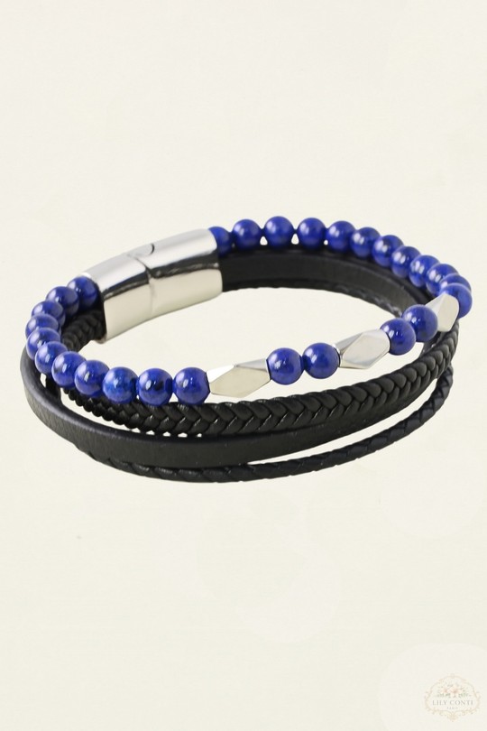 3314-Bracelet 4 rangs en acier inoxydable et cuir avec pierres-BLEU FONCÉ