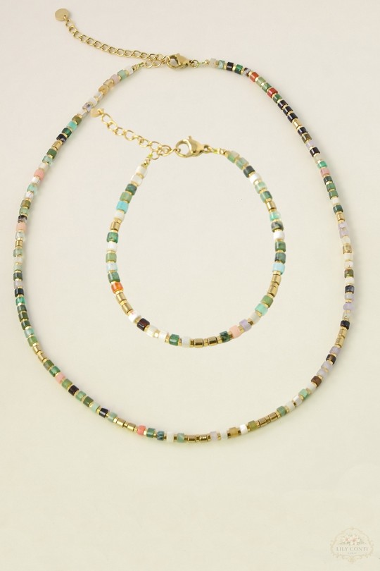 A0721B-N Parure bracelet et collier en acier inoxydable doré avec perles et pierres naturelles-MULTICOULEUR