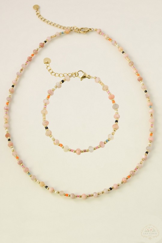 A0723B-N Parure bracelet et collier en acier inoxydable doré avec perles rocailles et pierres naturelles-ROSE
