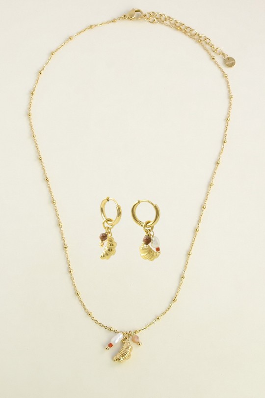 A0914E-N Parure collier et boucles d’oreilles en acier inoxydable doré avec pendentif croissant et perles-DORÉ