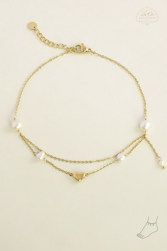A0817A-Bracelet de cheville en acier inoxydable doré avec pendentif cœur et perles d’eau douce-DORÉ