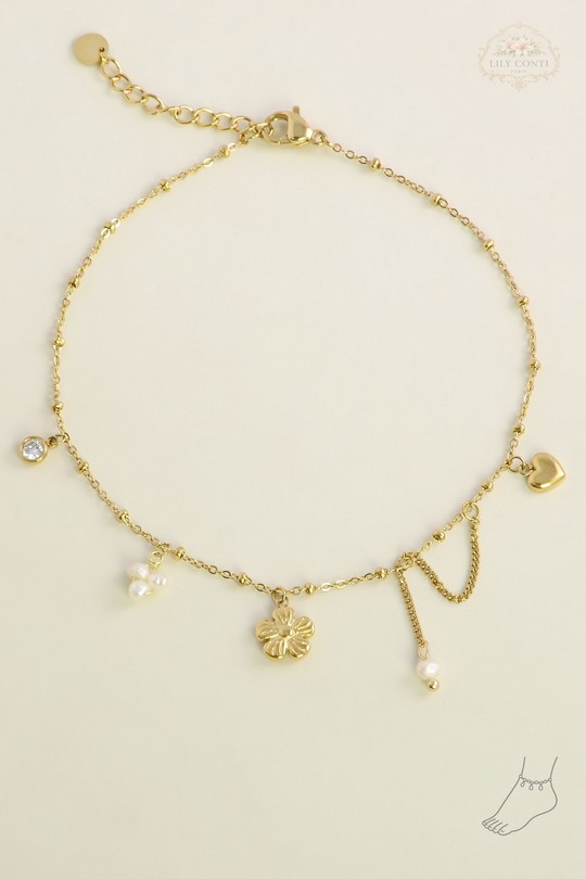 A0828A-Bracelet de cheville en acier inoxydable doré avec pendentifs cœur, fleur et perles d’eau douce-DORÉ