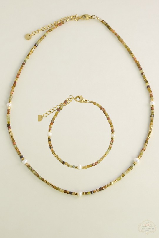 A0704B-N Parure collier et bracelet en acier inoxydable doré avec pierres naturelles et perles d’eau douce-JAUNE