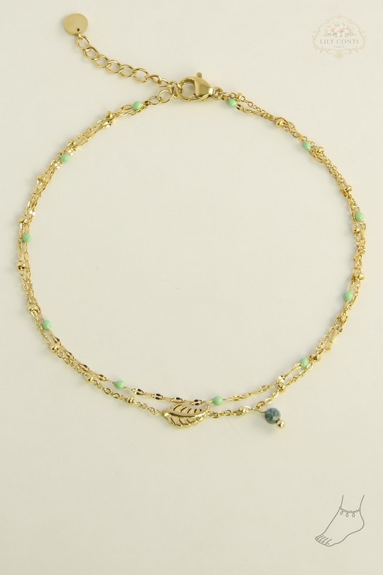 A0836A-Bracelet de cheville 2 rangs en acier inoxydable avec chaîne émaillée et pierre naturelle-VERT