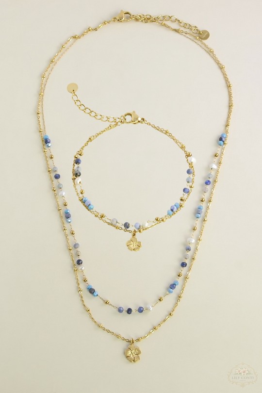 A0890B-N Parure collier et bracelet 2 rangs dorés en acier inoxydable avec pierres naturelles-BLEU