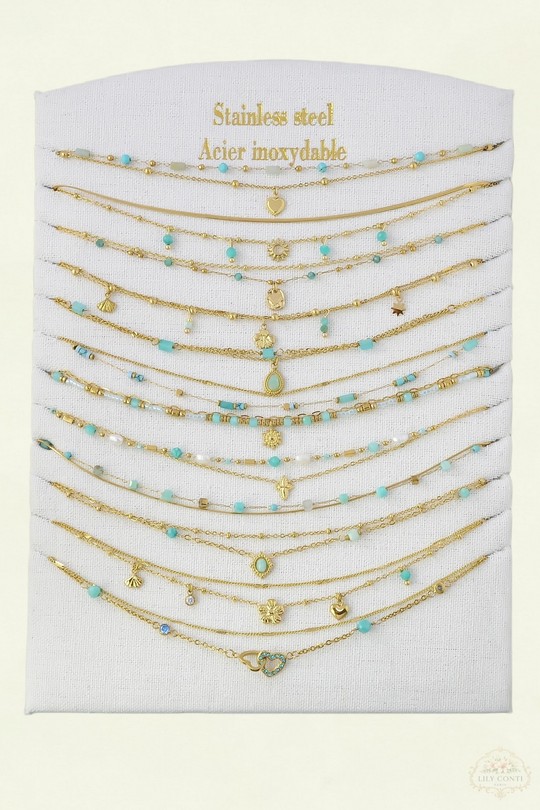1603-14 Lot de 12 colliers en acier inoxydable doré – pierres naturelles & autres matériaux-TUQUOISE