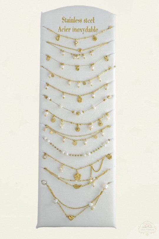 902-10 Lot de 12 bracelets de cheville en acier inoxydable doré Perles d’eau douce & autres matériaux-BLANC