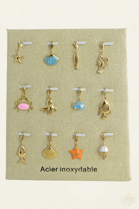 703-11Lot 12 pendentifs marins en acier inoxydable doré avec présentoir-MULTICOULEUR
