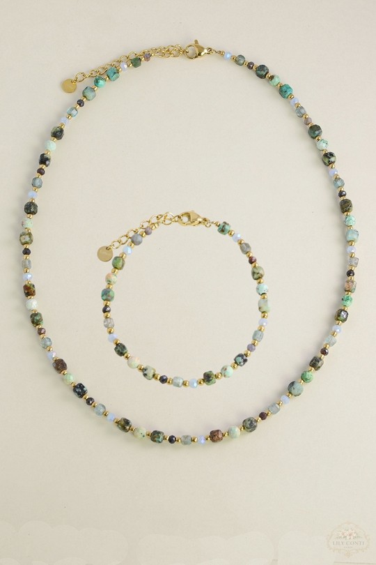 A0738B-N Parure collier et bracelet en acier inoxydable pierres naturelles et perles-VERT