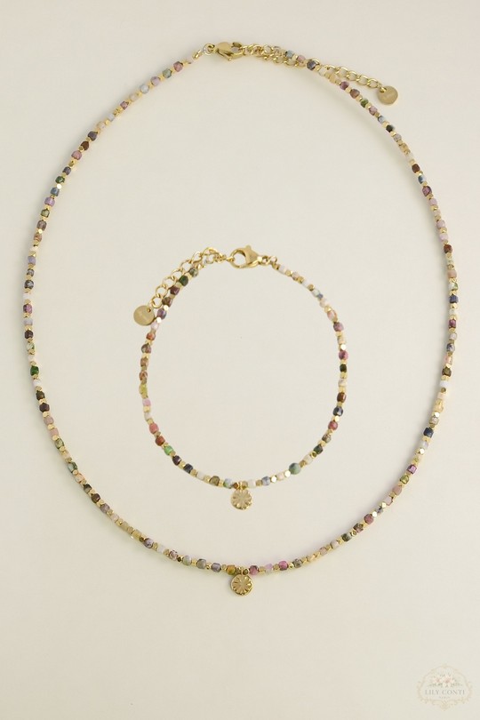 A0740B-N Parure collier et bracelet en acier inoxydable pierres naturelles multicolores-MULTICOULEUR