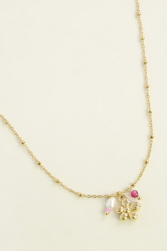 A0913N-Collier en acier inoxydable doré fleur, perle d’eau douce et perles roses-DORÉ