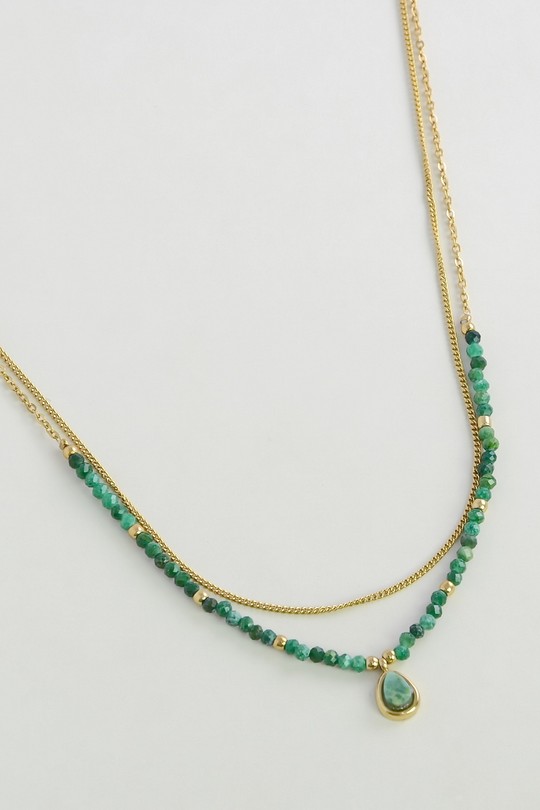 AL0674N-Collier 2 rangs en acier inoxydable doré et pierres naturelles-VERT FONCÉ
