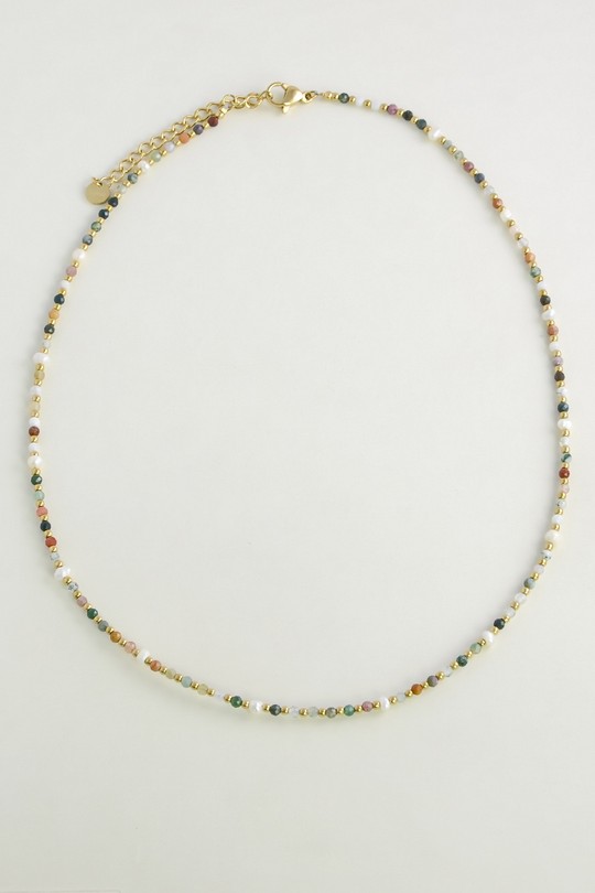 A0725N-Collier en acier inoxydable doré, pierres naturelles et petites perles d’eau douce-MULTICOULEUR