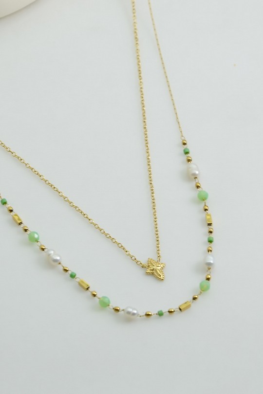 A0889N-Collier double rang en acier inoxydable, pierres naturelles, perles de culture et perles rocailles-VERT CLAIR